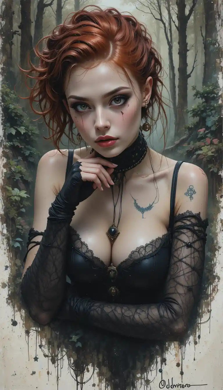 A red-haired woman points in gothic fashion within a somber forest