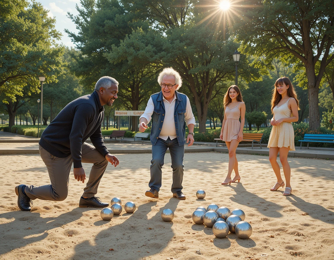 Adults play petanque on a sandy court in golden afternoon light