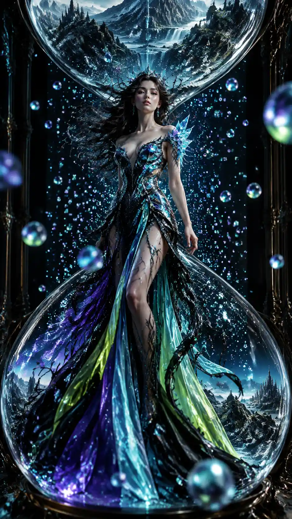 A regal woman stands inside a monumental hourglass with frozen falling particles
