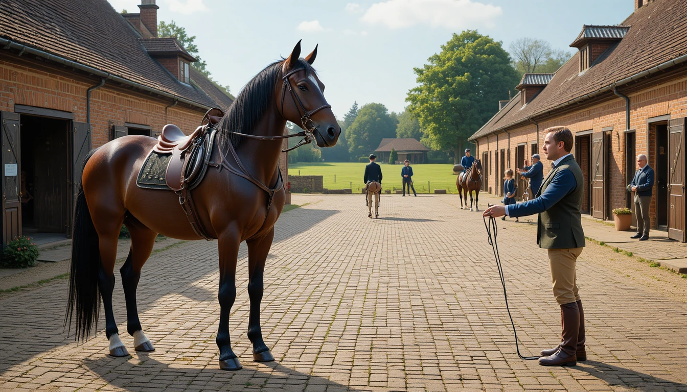 A bay horse stands saddled in a traditional stable courtyard