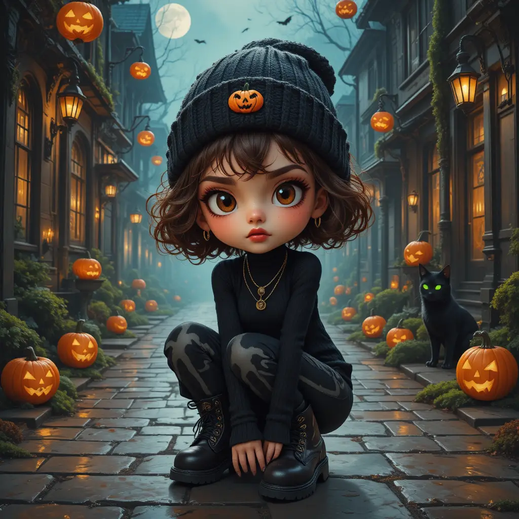一位 Q 版女子蹲在鬧鬼巷弄中，身下是發光的南瓜