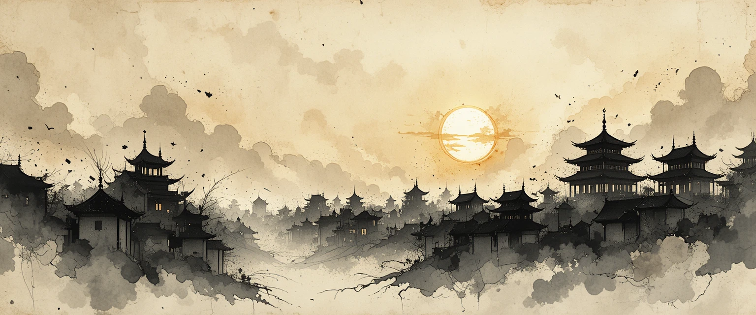Eine Stadtsilhouette aus der Ming-Dynastie unter langen, pinselstrichartigen Tuschewolken zur goldenen Stunde