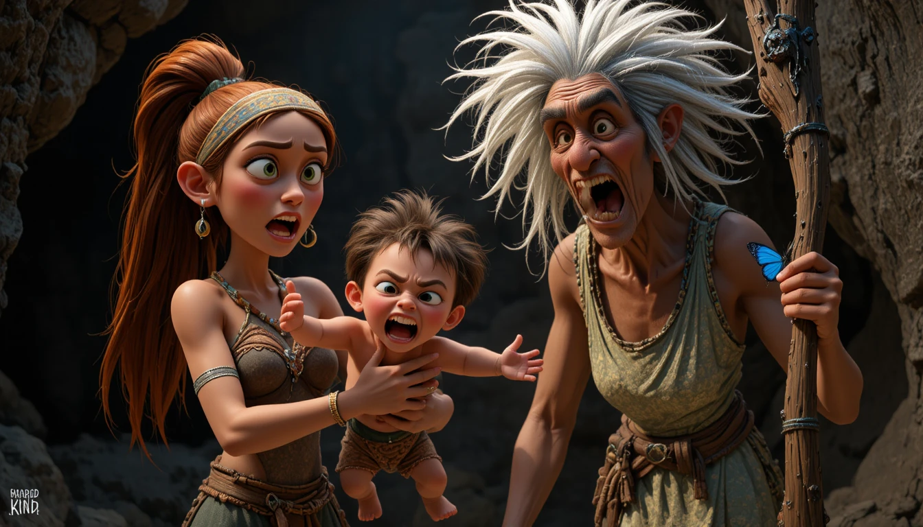 A Cave Woman Holds a Thrashing Child in a Dim Rocky Cave