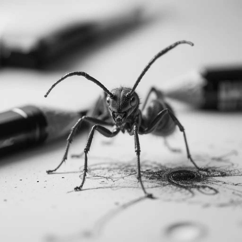 Eine Ameise, die aus ihrer Bleistiftzeichnung auf einer leeren Skizzenbuchseite hervortritt