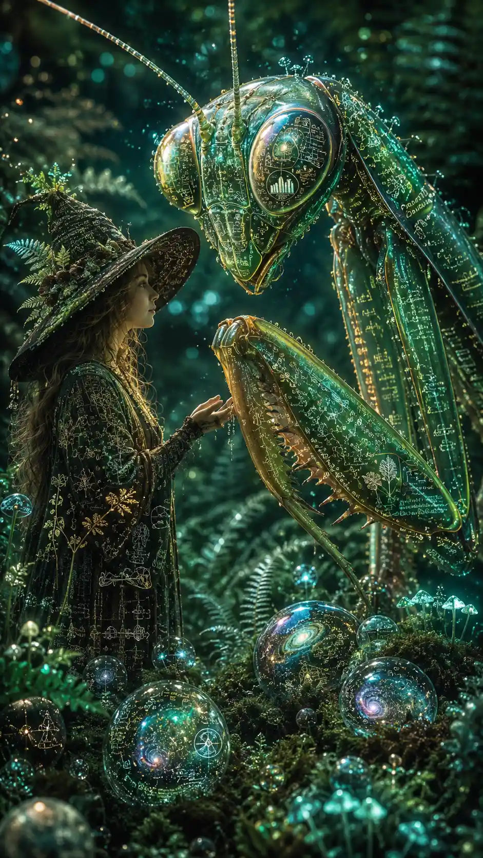 A woodland witch stands beside an enormous emerald praying mantis