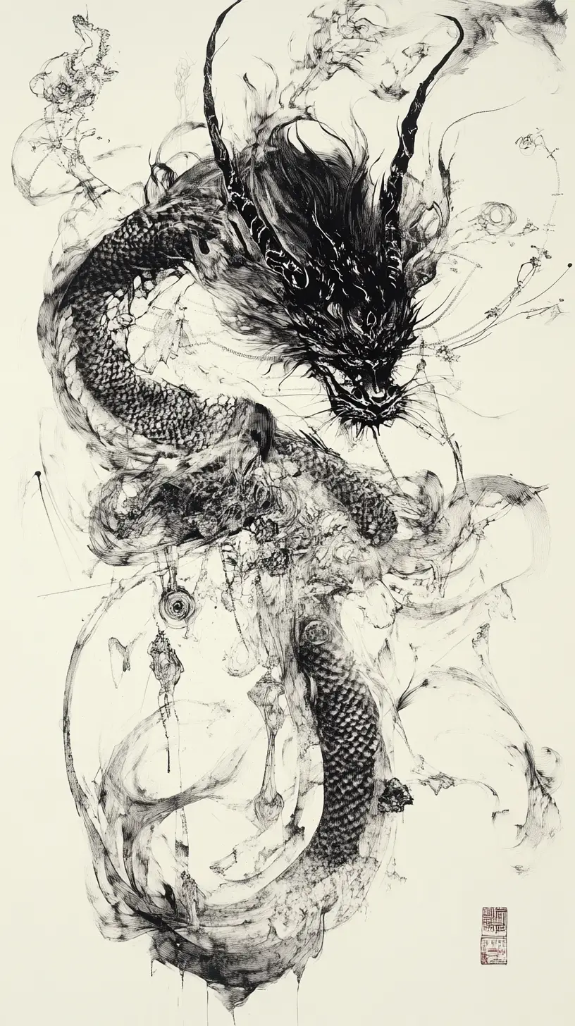A futuristic dragon child dissolving into expressive ink strokes