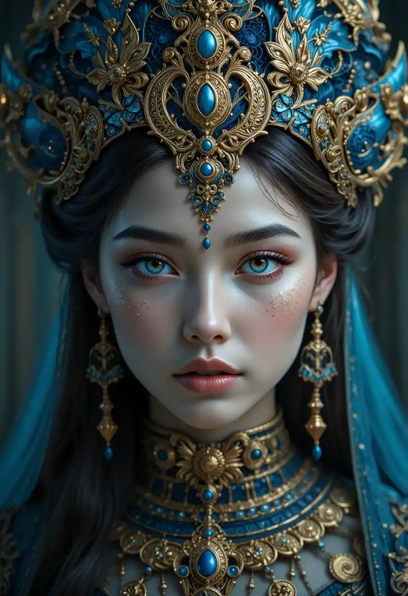 Fantasy woman with blue and gold headdress in a frontal portrait