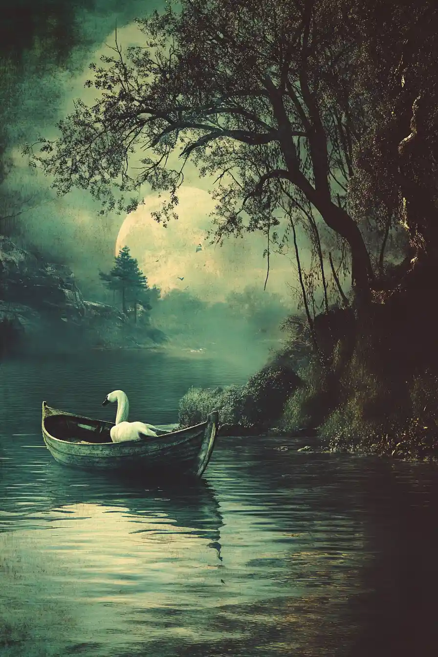 A Motionless Boat Floats on the Water in a Surreal Scene