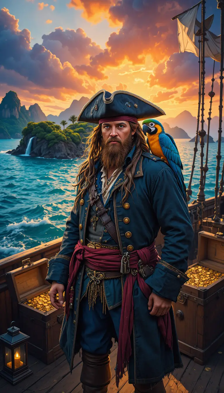 Ein Piratenkapitän in abgetragener Kleidung steht an Deck eines Schiffs