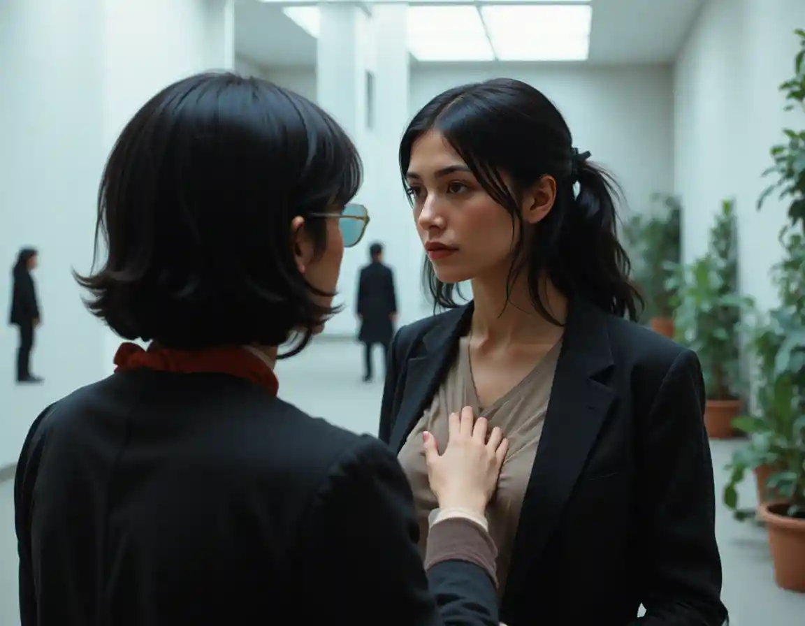 A woman faces a reaching hand during an intimate gallery performance