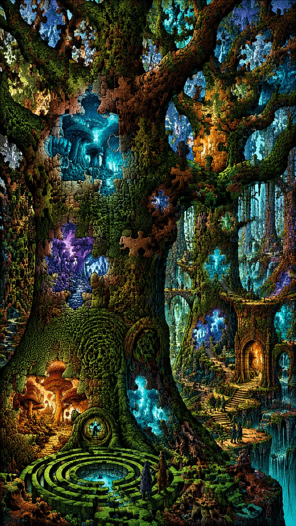 Alberi giganteschi con corteccia a forma di tessere di puzzle rivelano portali luminosi nella foresta