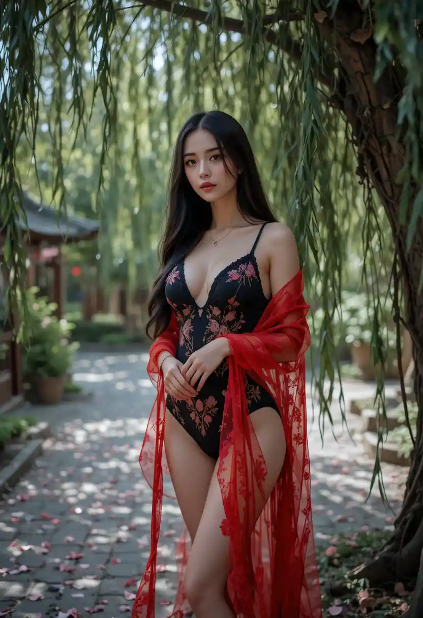 Una donna vietnamita in un body con spalline si appoggia a un salice in un giardino cinese