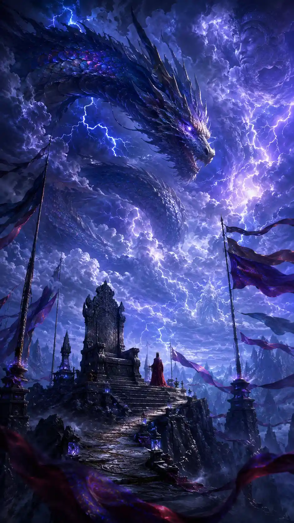 An abandoned stone throne beneath a circling storm dragon