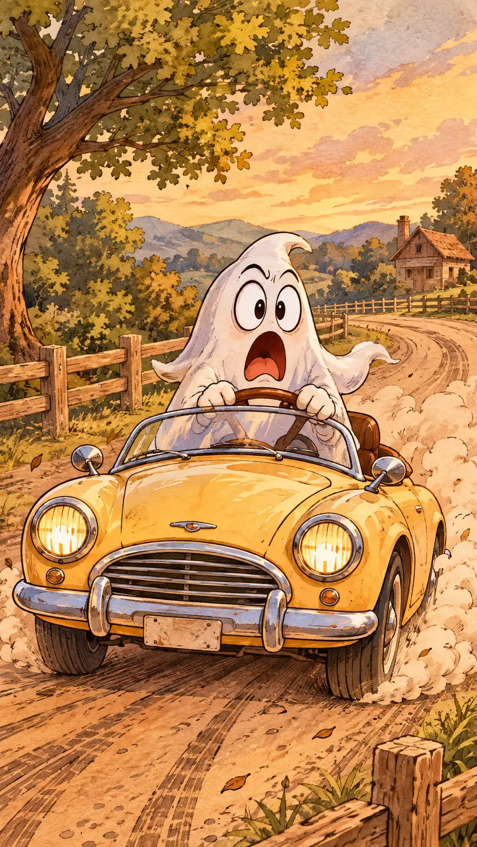 受驚的幽靈駕駛奶油黃色敞篷車，在鄉間道路上疾馳
