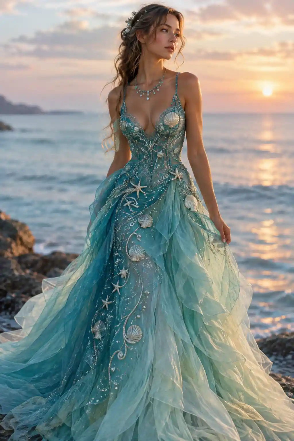 A flowing turquoise gown inspired by the ocean at dawn