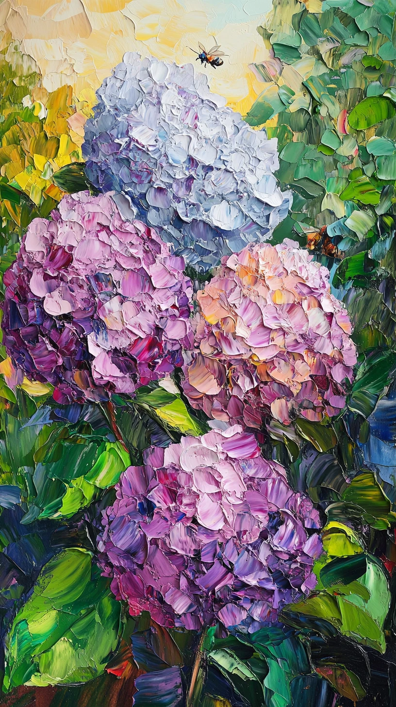 Eine glückliche Katze, eingebettet zwischen blühenden Hortensien in einem Impasto-Gemälde