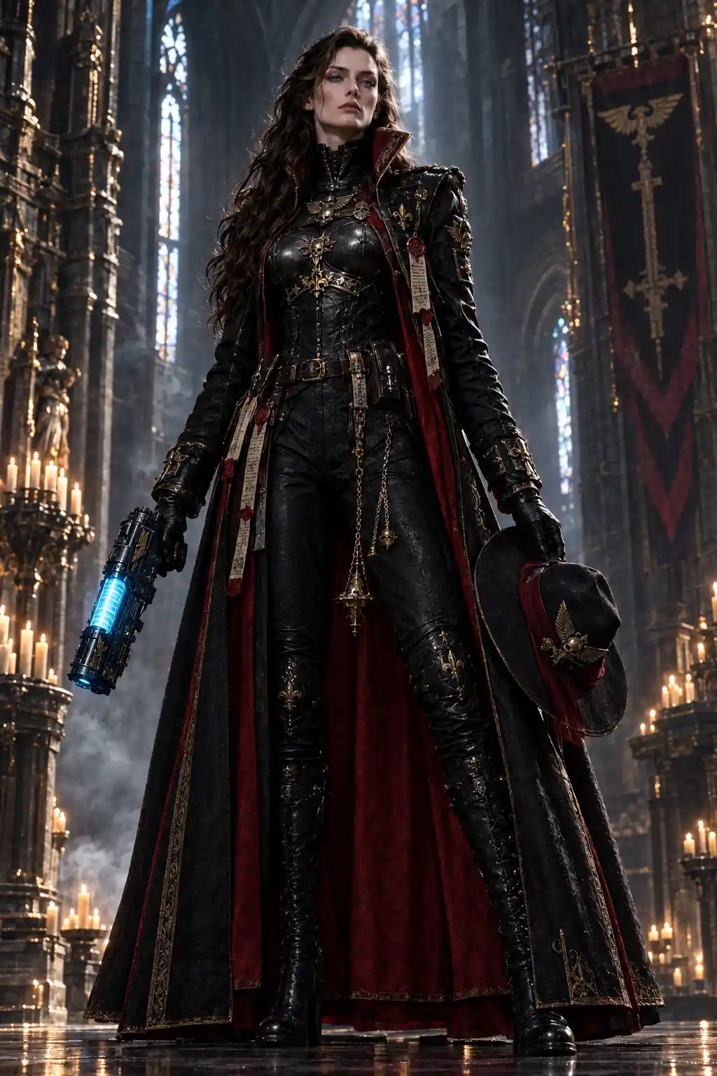 A towering science fiction inquisitor stands in a full body portrait