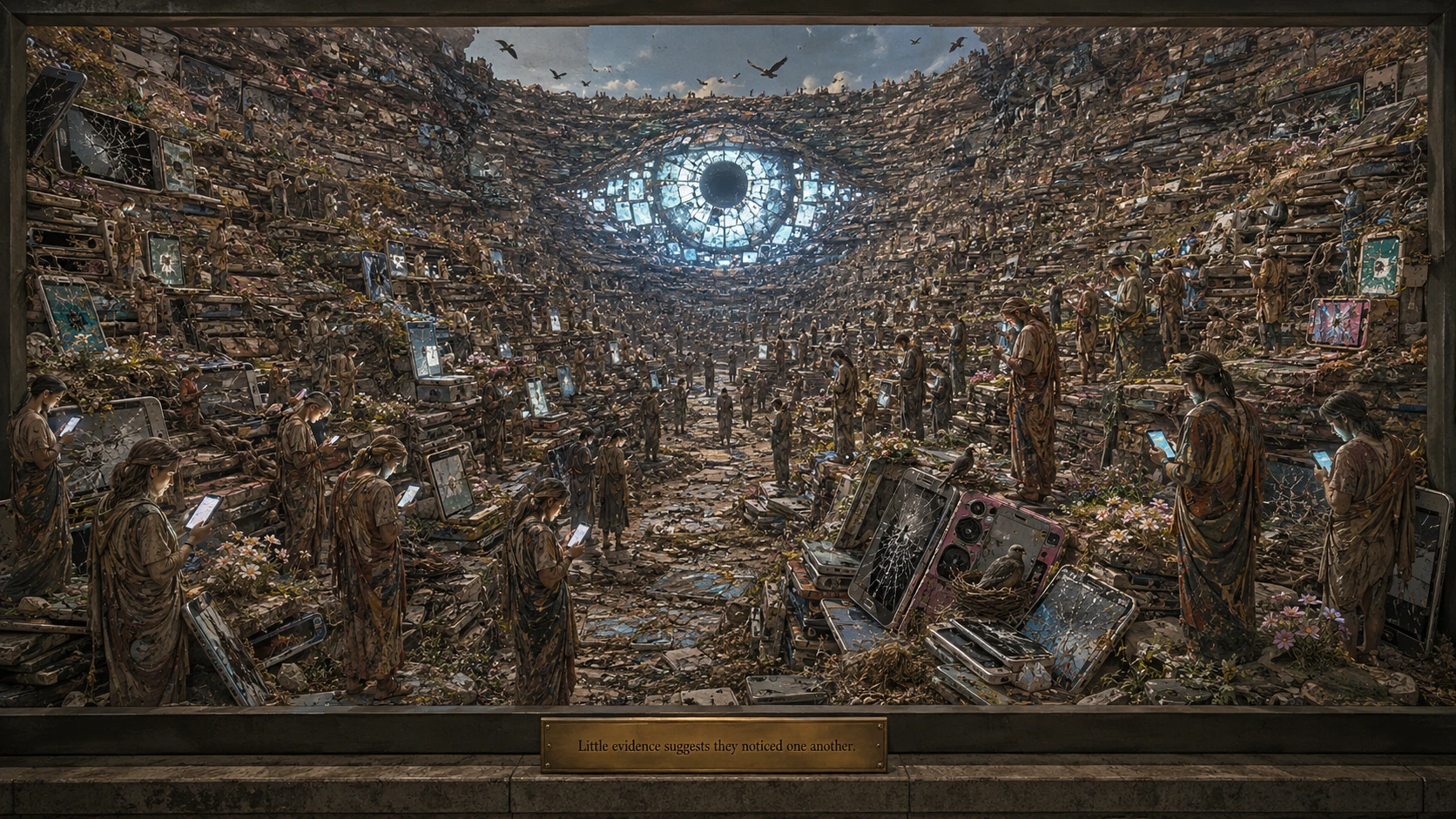 A vast canyon of fossilized smartphones forms colorful geological strata