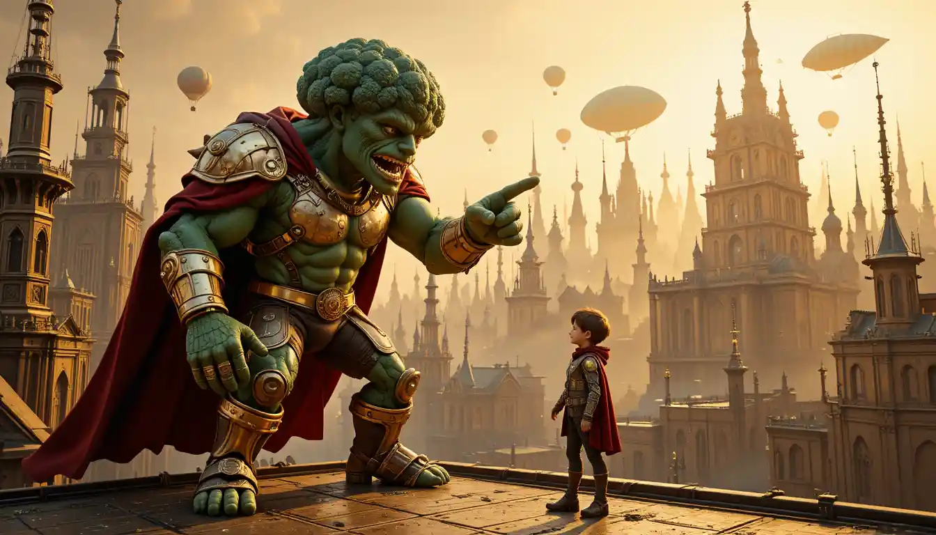 A broccoli creature confronts a determined boy above a steampunk city
