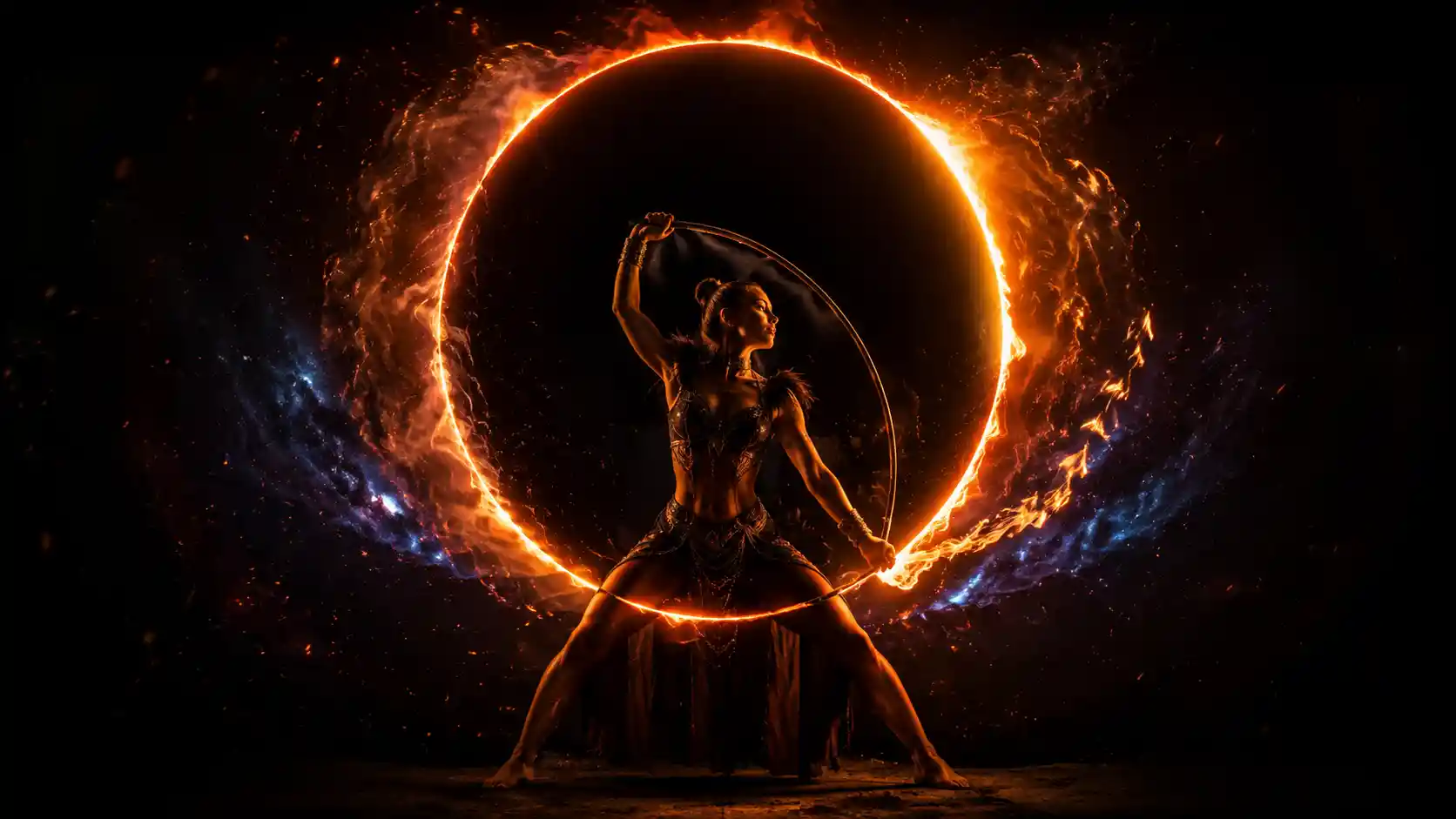 A fire performer shapes a flaming hoop into a luminous eclipse