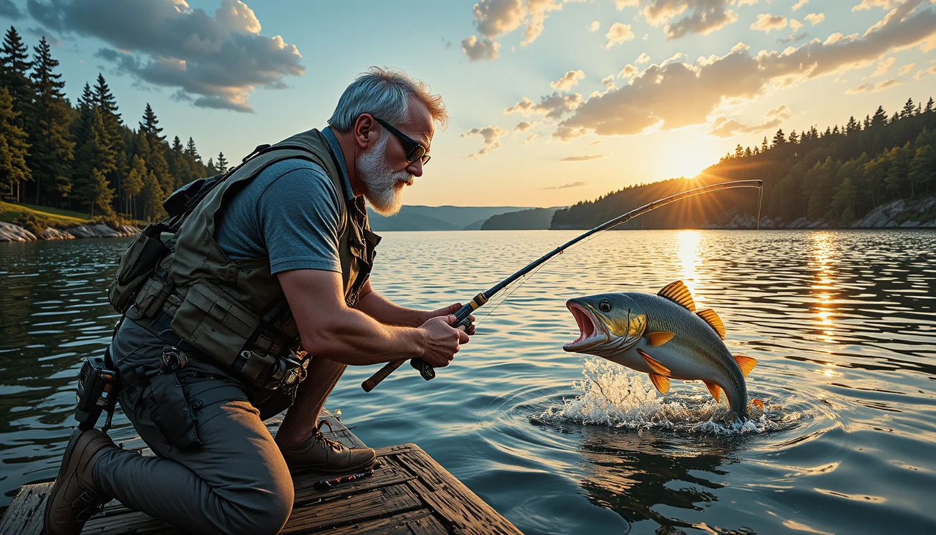 年長漁夫在湖邊引導濺水的魚游向他的漁網