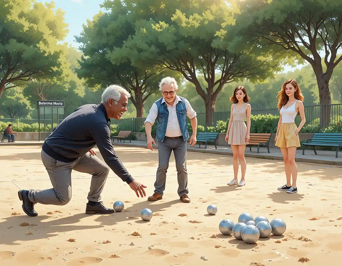 Adults play petanque beneath trees in a warm outdoor court