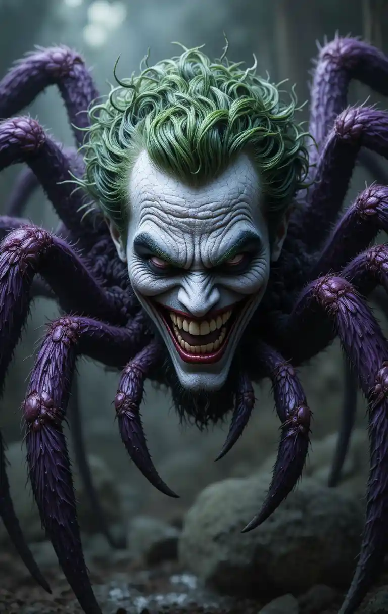 A purple and green furry spider creature with a large demonic grin