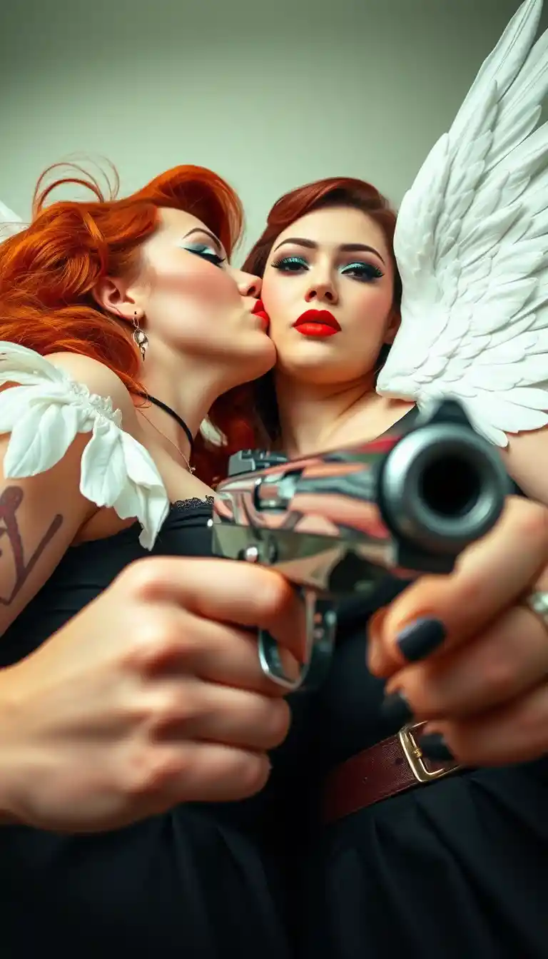 A redhead woman with white winged eyeliner and red lipstick