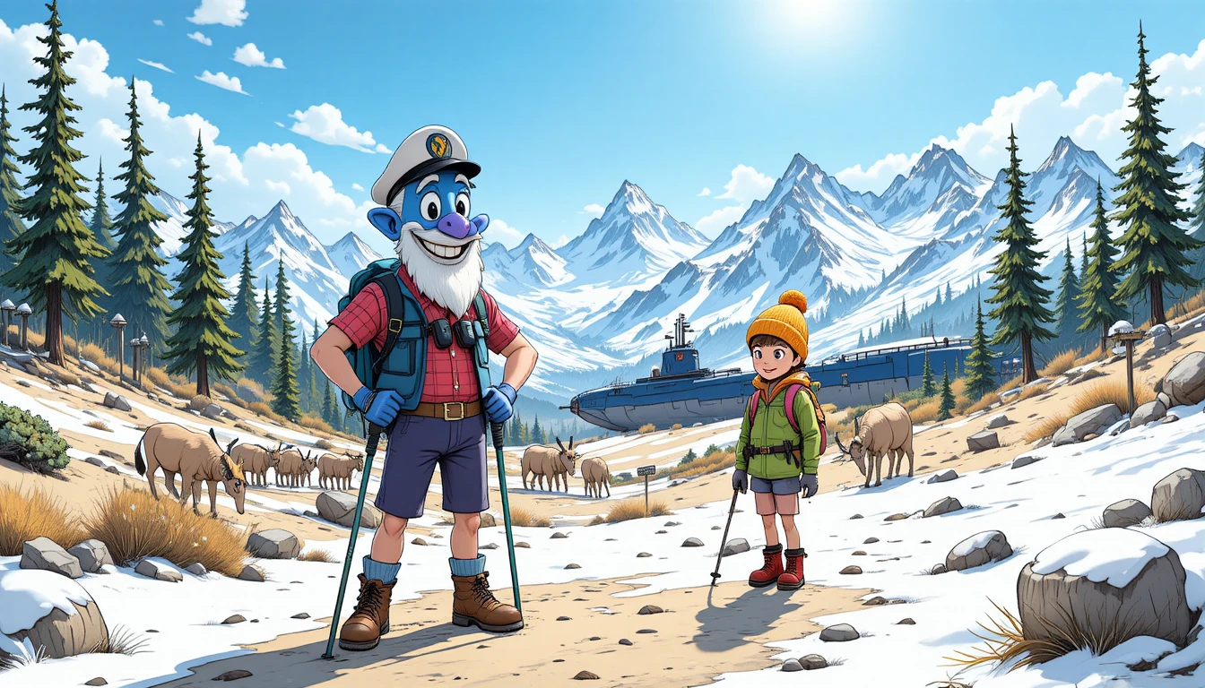 Eine blaue Delfinfigur steht in einer sandigen Landschaft zwischen farbenfrohen Begleitern