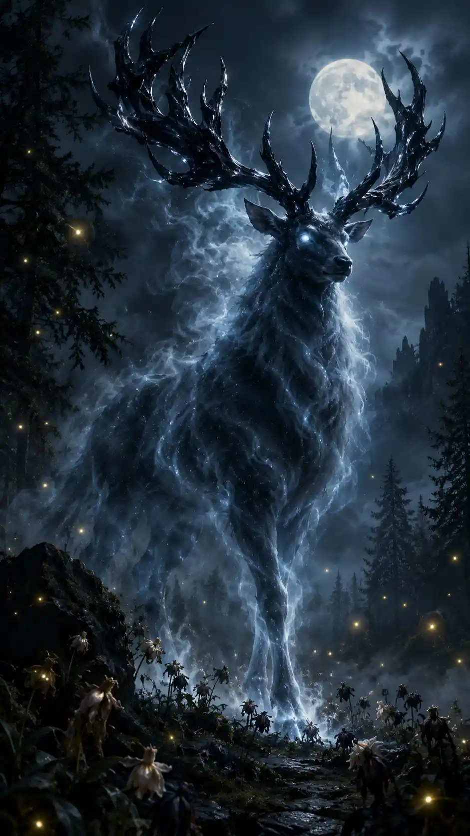 A colossal stag emerges from mist beneath shimmering moonlight in an ancient forest