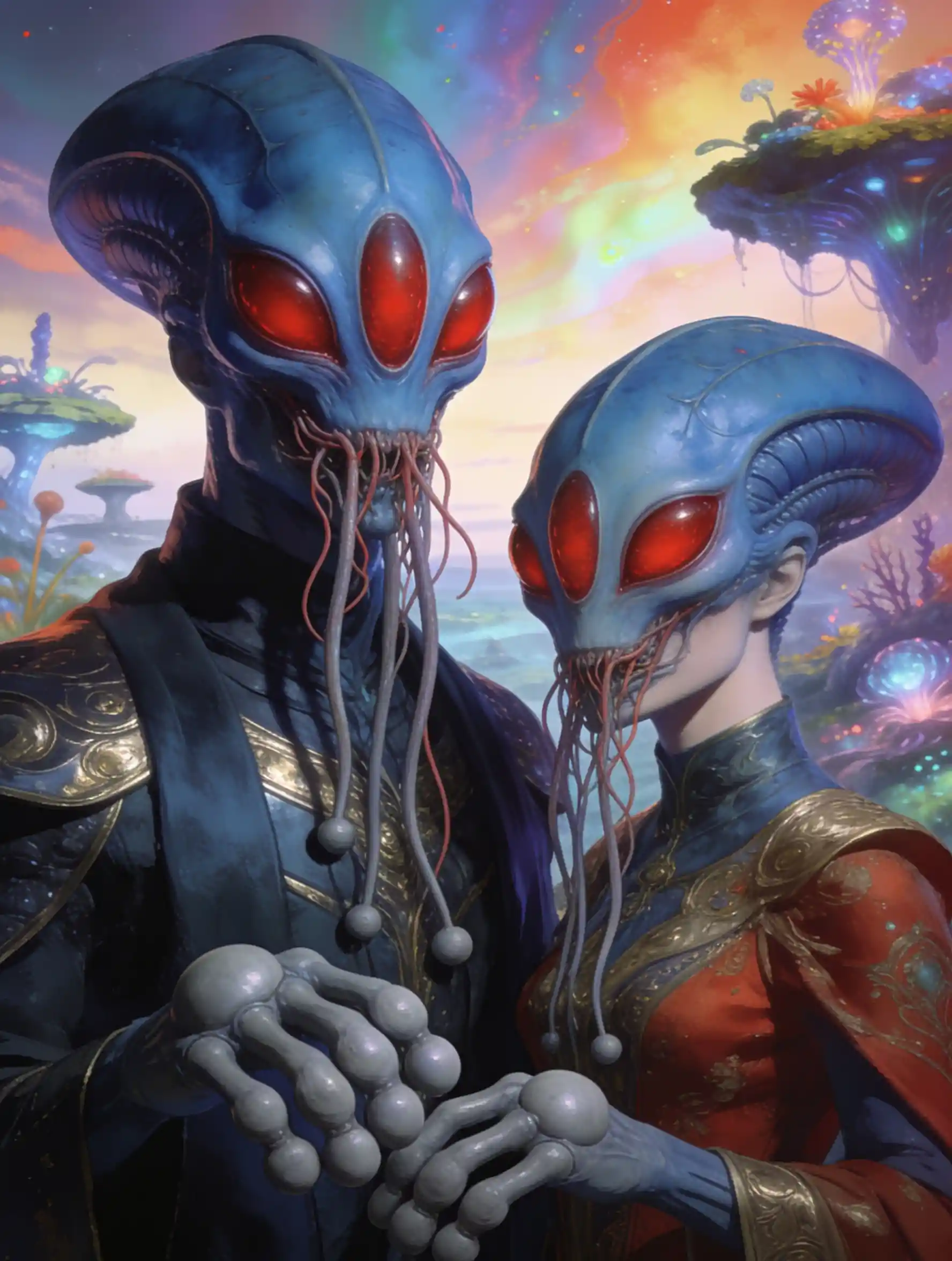 Two aliens with trilobed heads and reddish eyes in a head-and-shoulders portrait