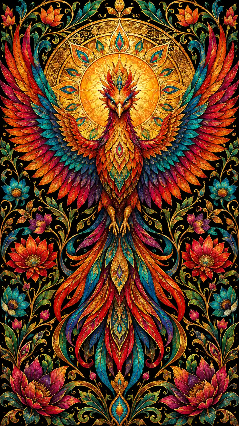 A vibrant phoenix spreads its wings before a golden mandala sun