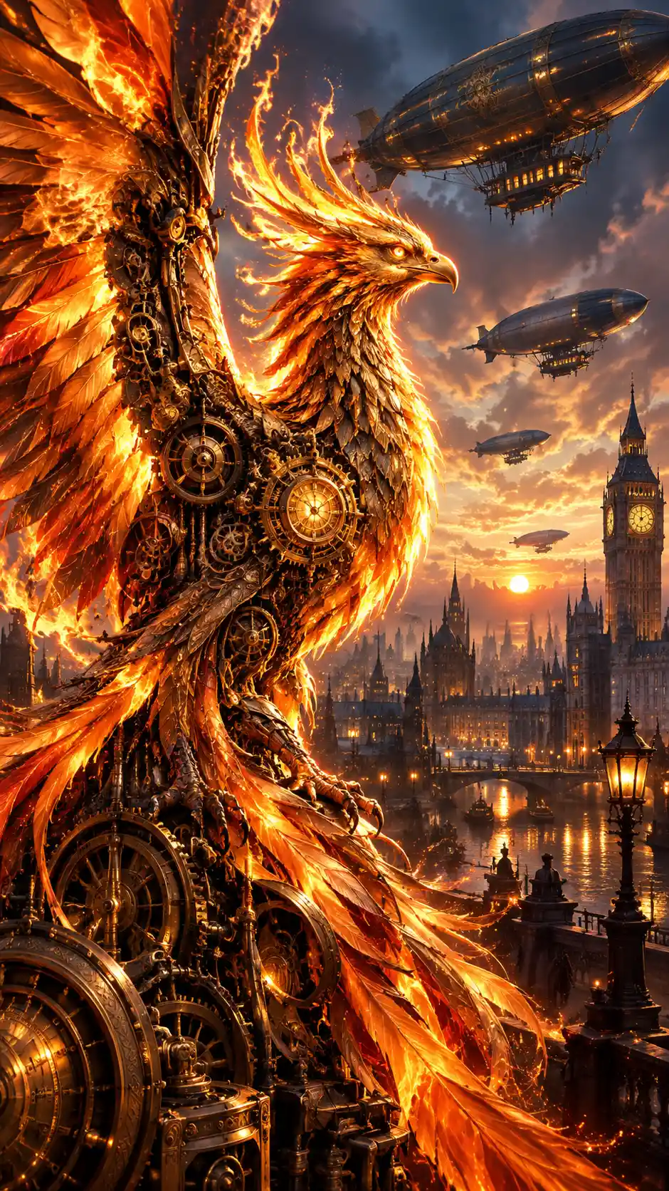 A burning phoenix intertwined with clockwork gears above a Victorian city