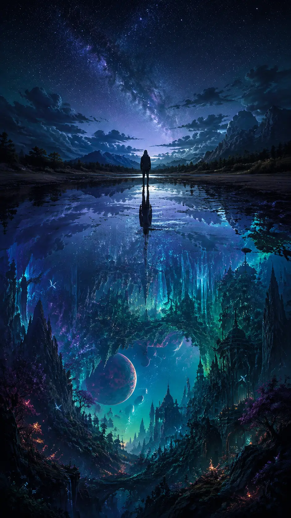 一個孤獨的身影佇立湖畔，湖面映照出另一個世界