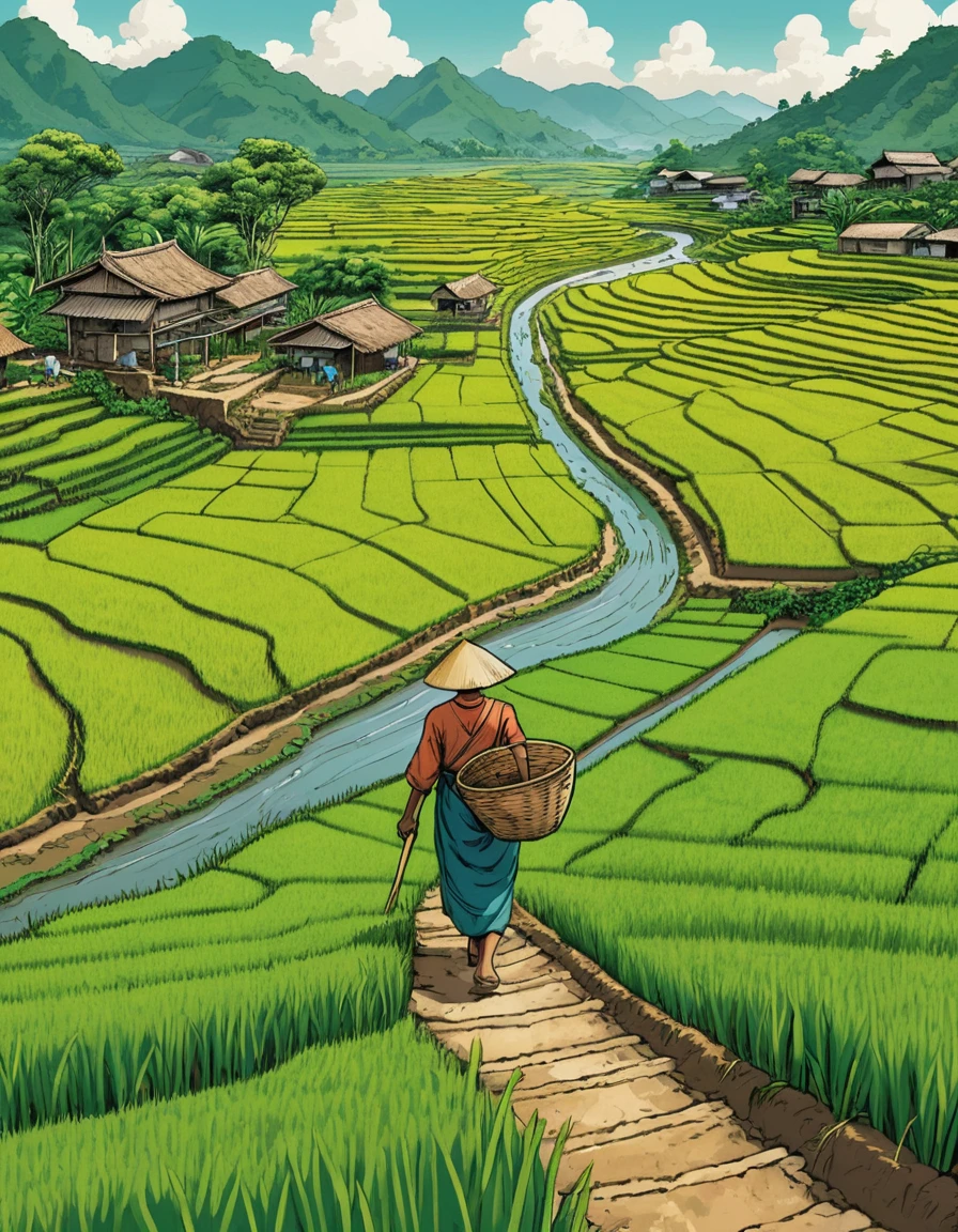A Female Farmer Walks Between Rice Paddies In A Rural Valley