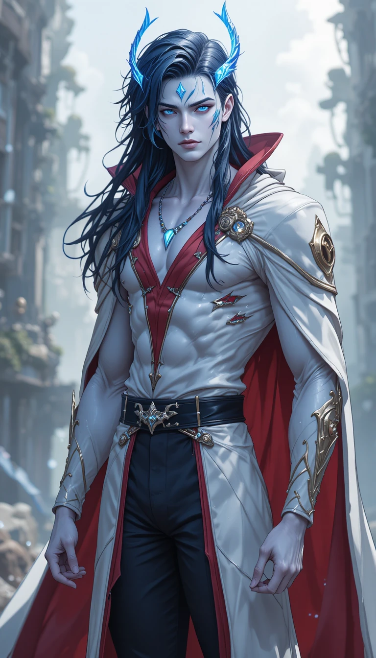 An anime man with glowing blue eyes, horns, and a white and red tunic