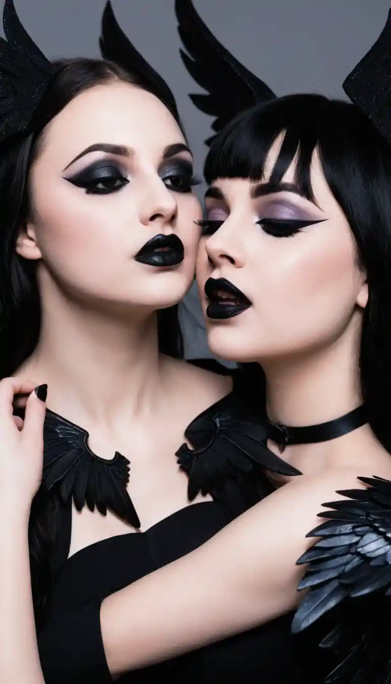 A goth girl bites another woman's neck in side view