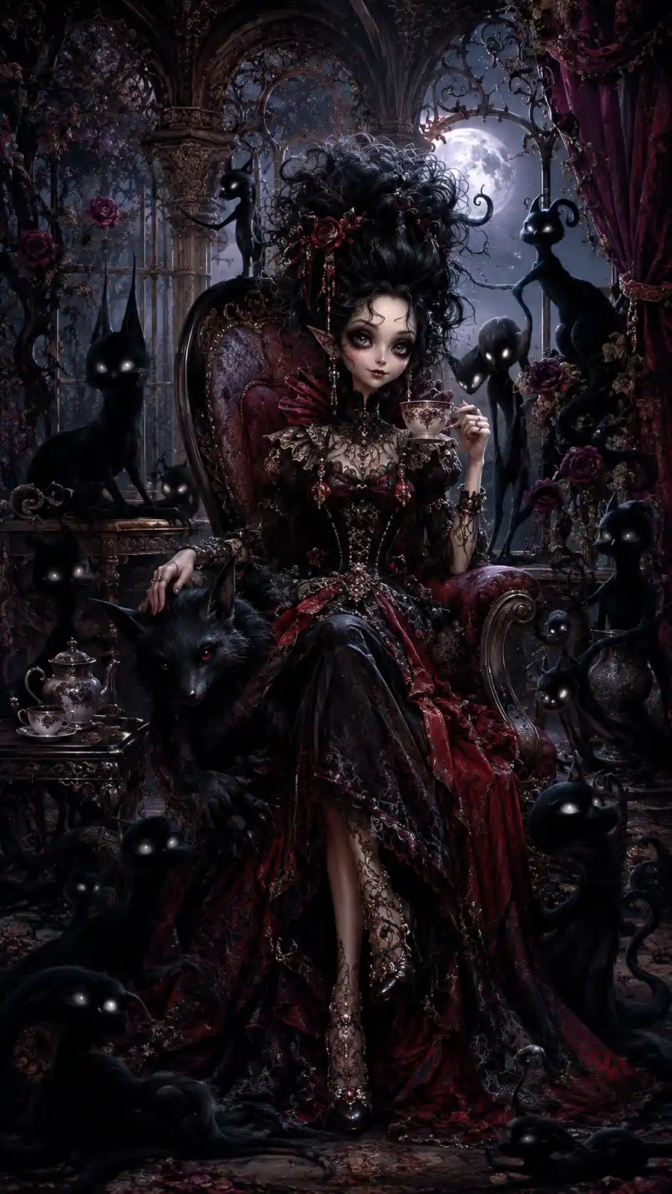 A fae woman pets a shadow fox in a moonlit conservatory