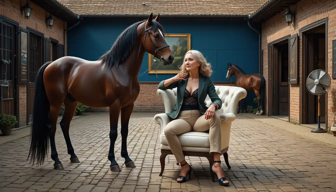 A bay horse stands beside an elderly man in a brick stable courtyard