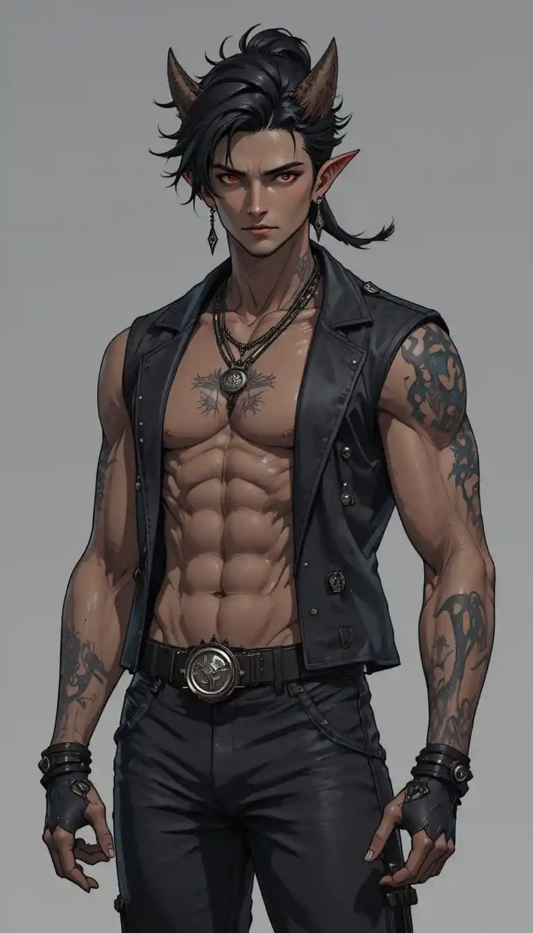 Un hombre de anime con cuernos demoníacos curvados y rasgos caninos