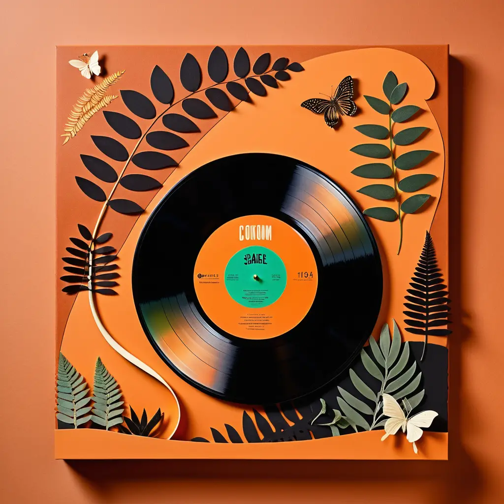 A floating vinyl record becomes a spiral garden above a terracotta turntable