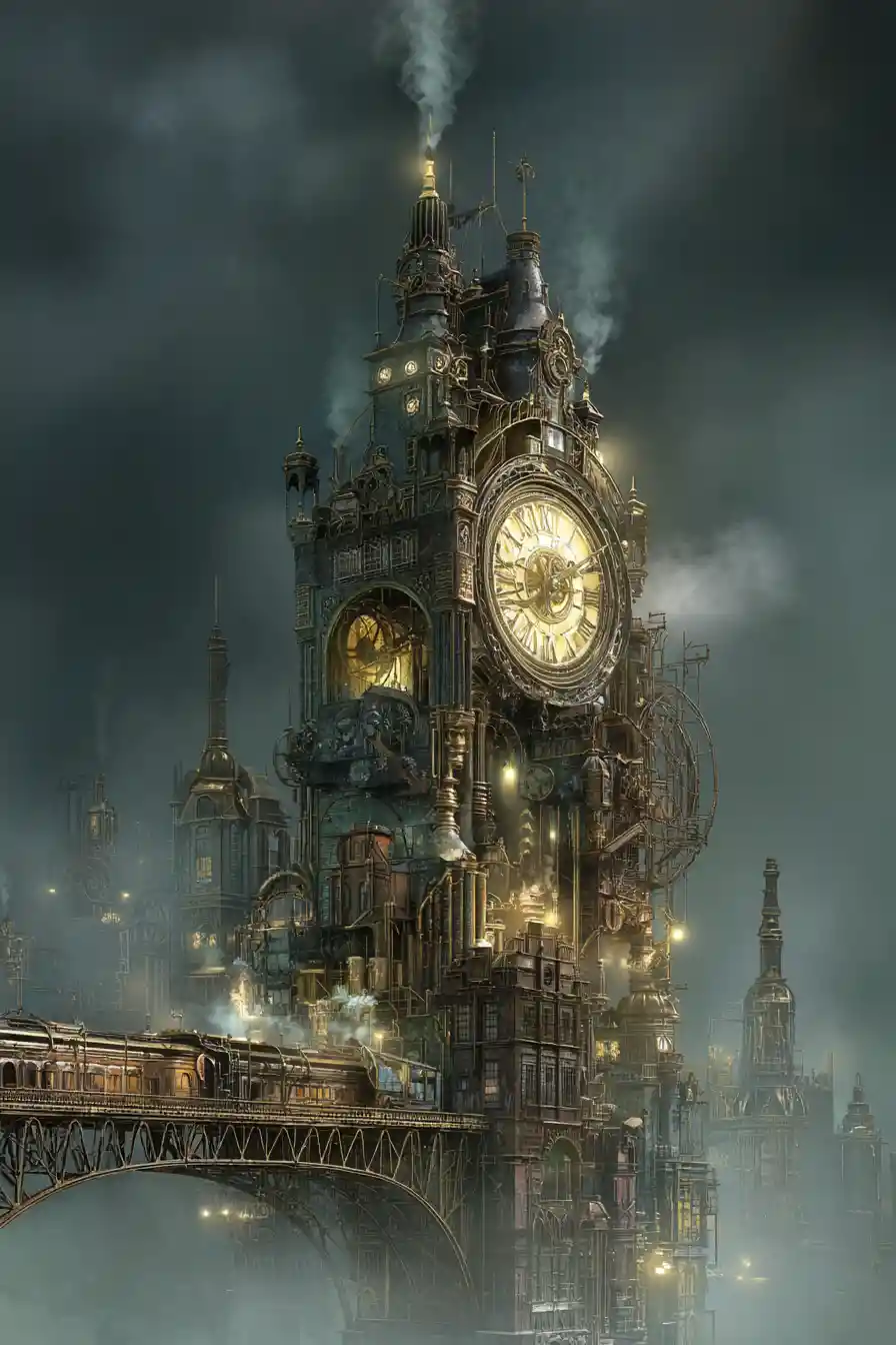 A steampunk metropolis rises through steam beneath airships and glowing gas lamps