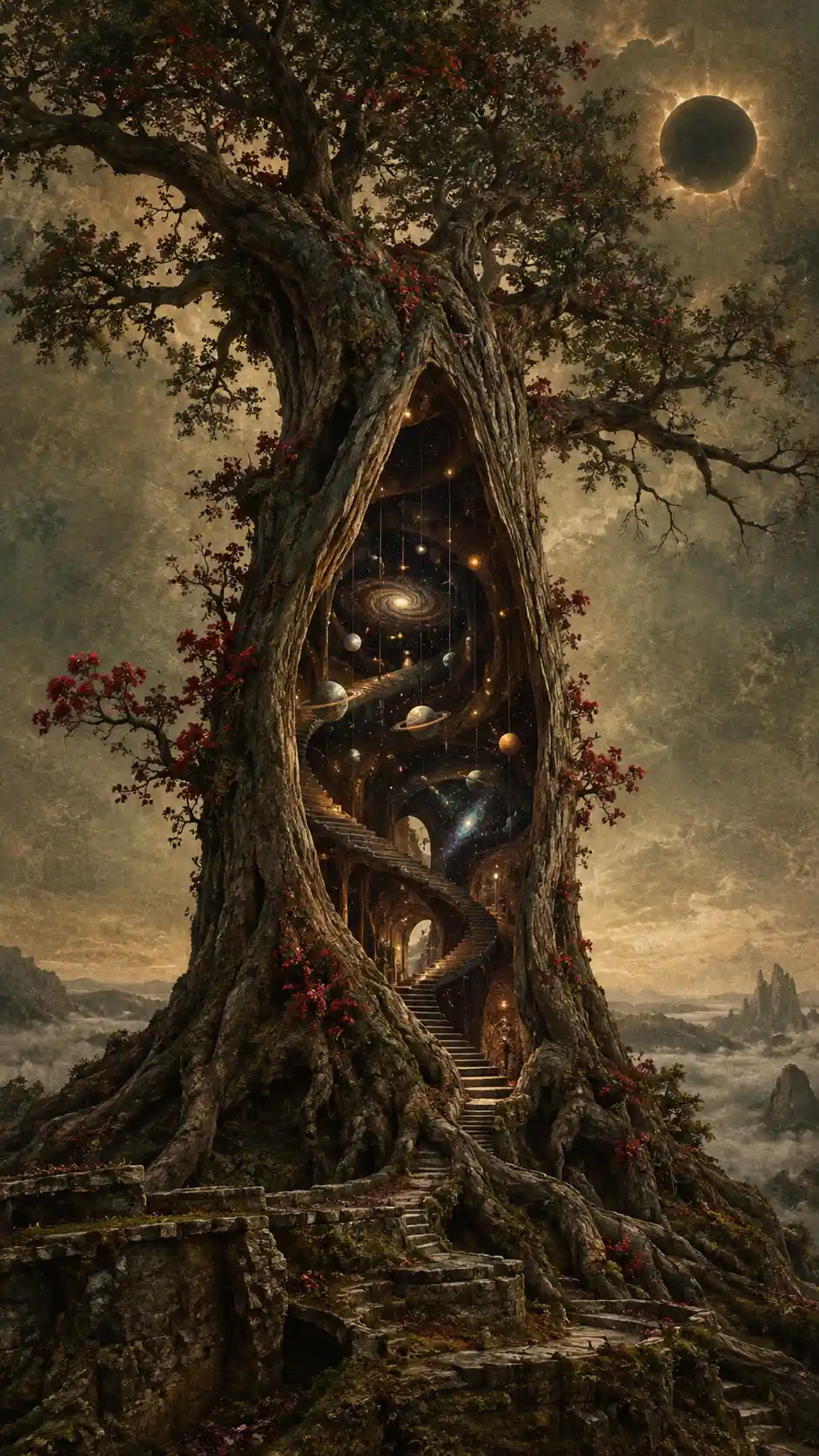 An ancient hollow tree opens onto a hidden cosmos above a desolate plateau