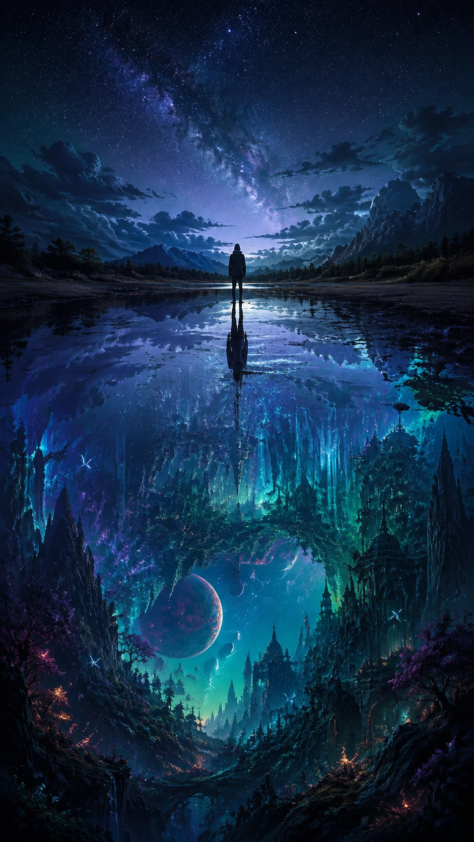 A solitary figure stands beside a lake reflecting an alternate world