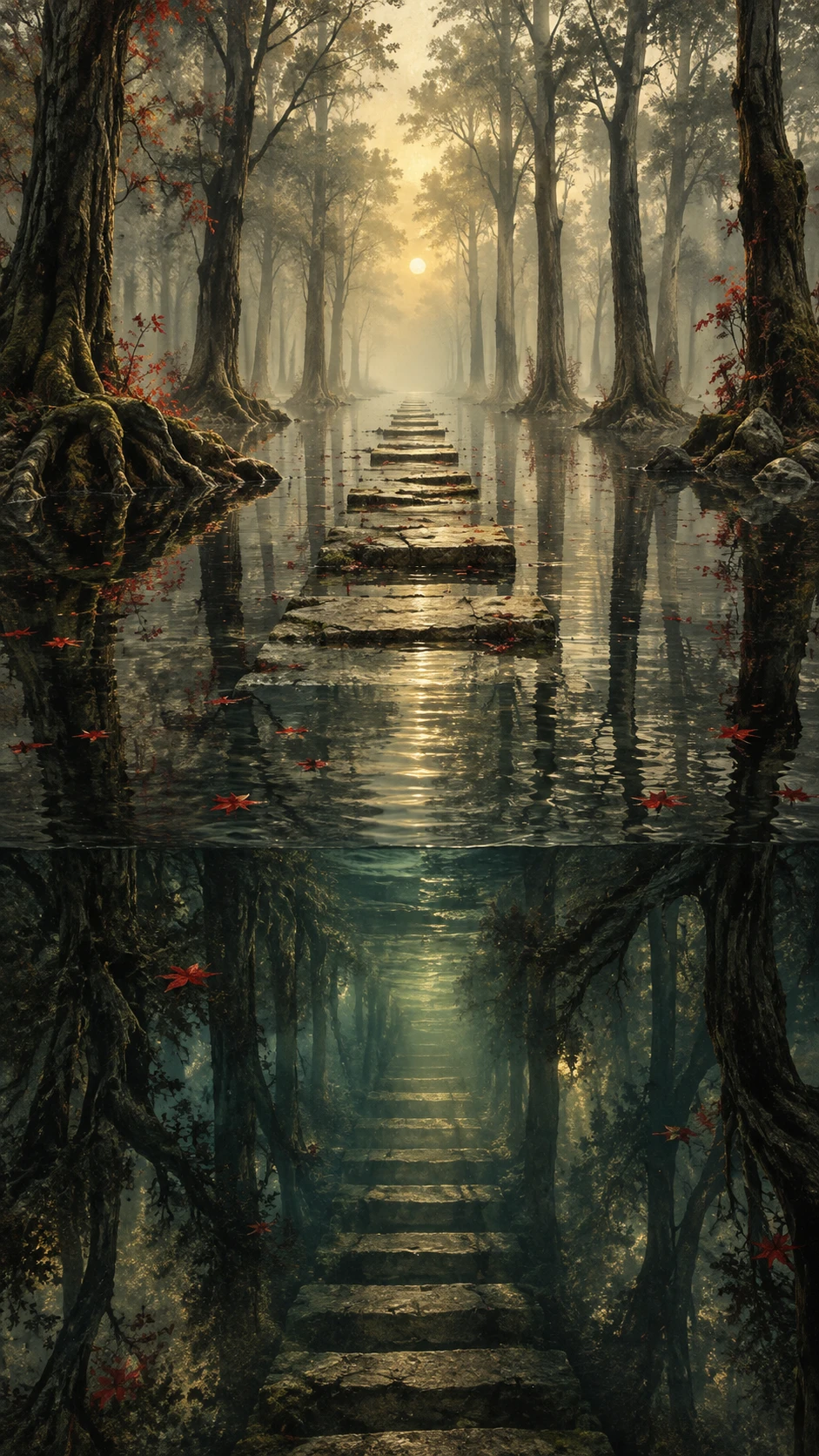 Ein versunkener Wald spiegelt seine Bäume im stillen Wasser