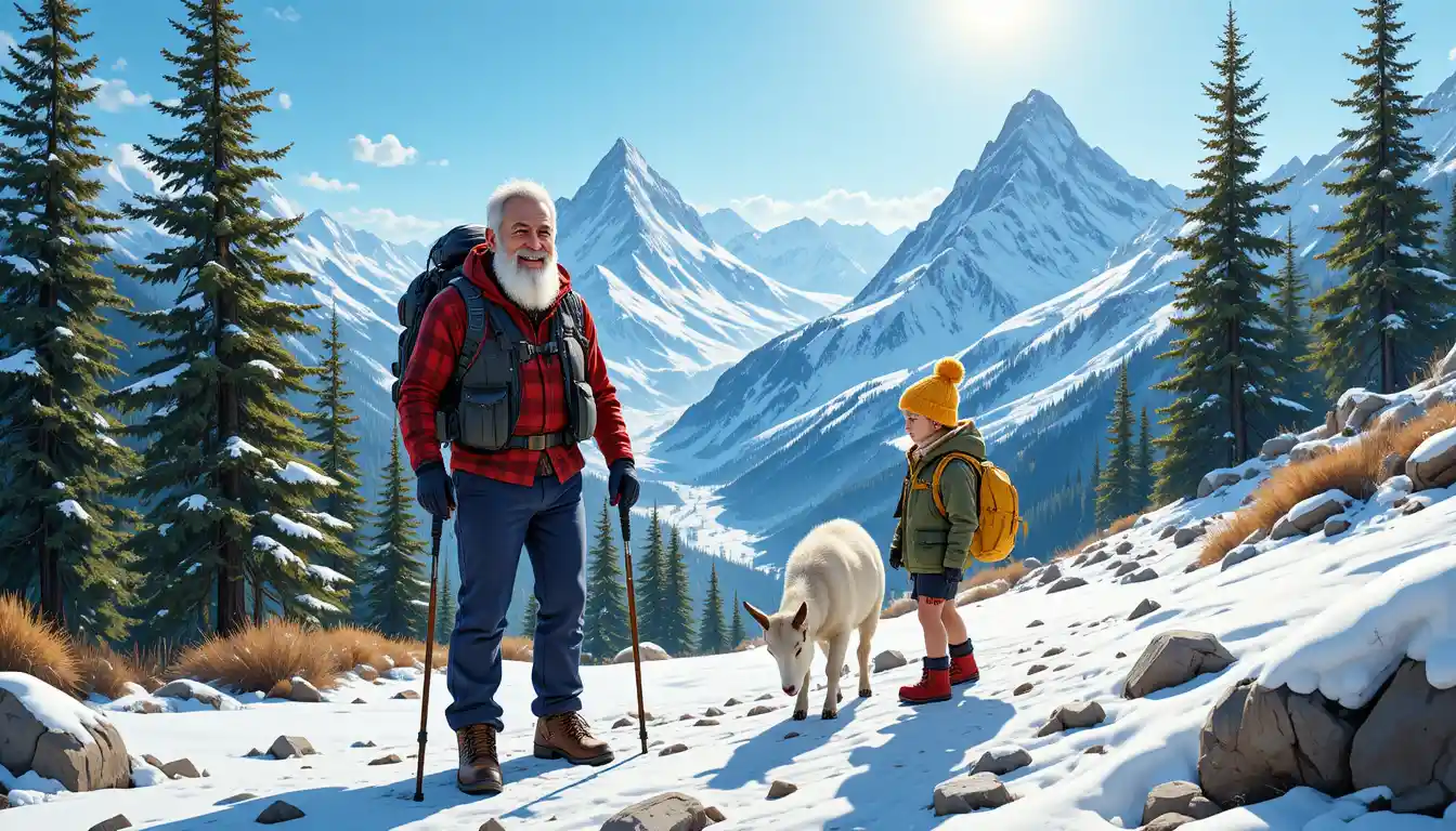 An Elderly Man and Child Stand on a Snowy Trail Near Mountain Goats