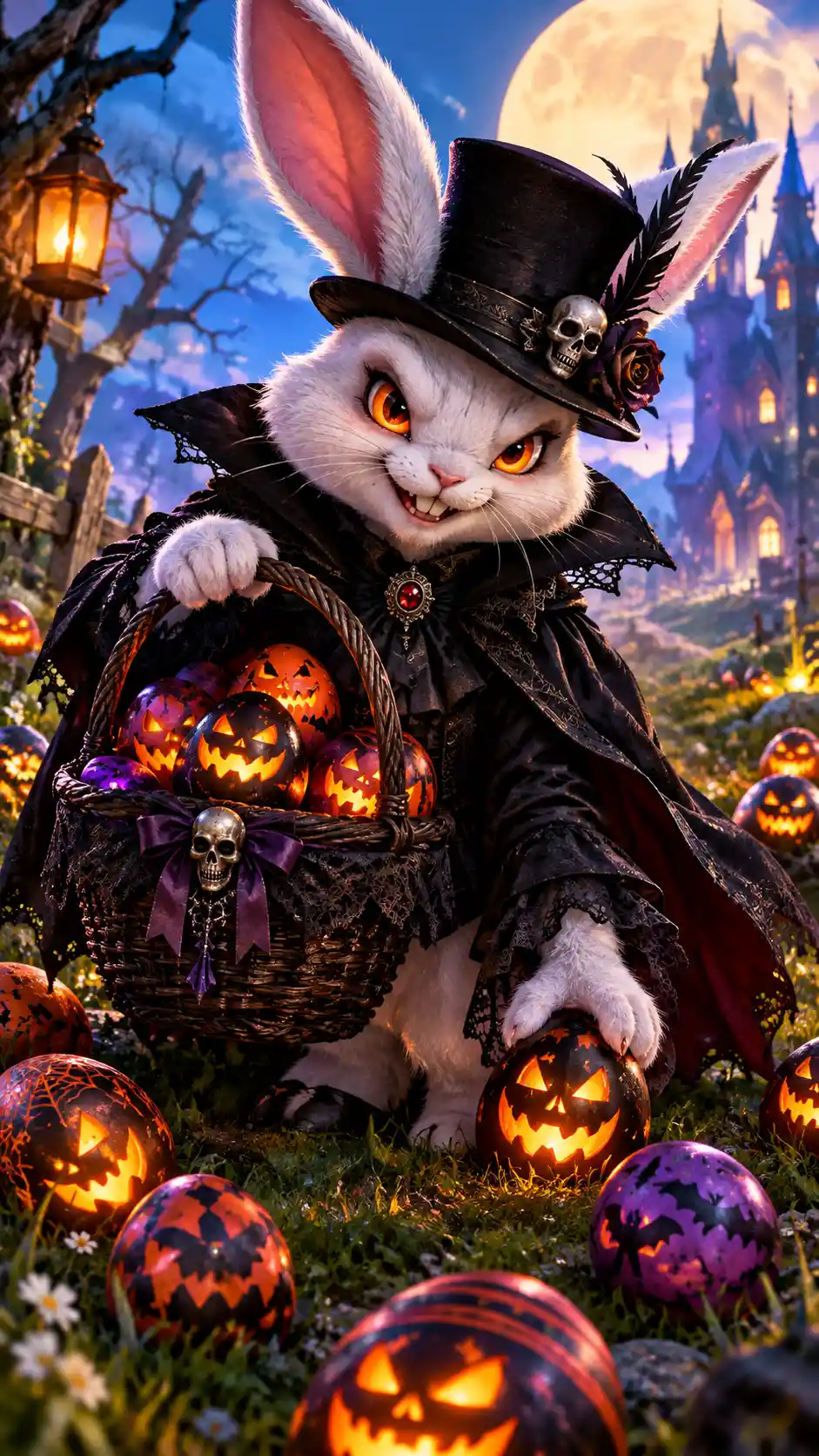 A spooky easter rabbit in black gothic costume beside jack-o'-lantern eggs