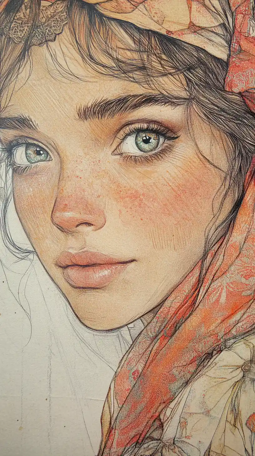 A young woman with captivating eyes and intricate fantasy attire