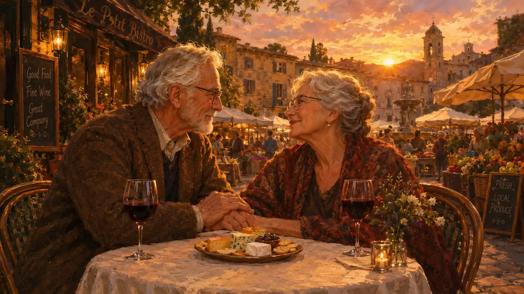 An elderly couple shares a tender moment at a bistro table