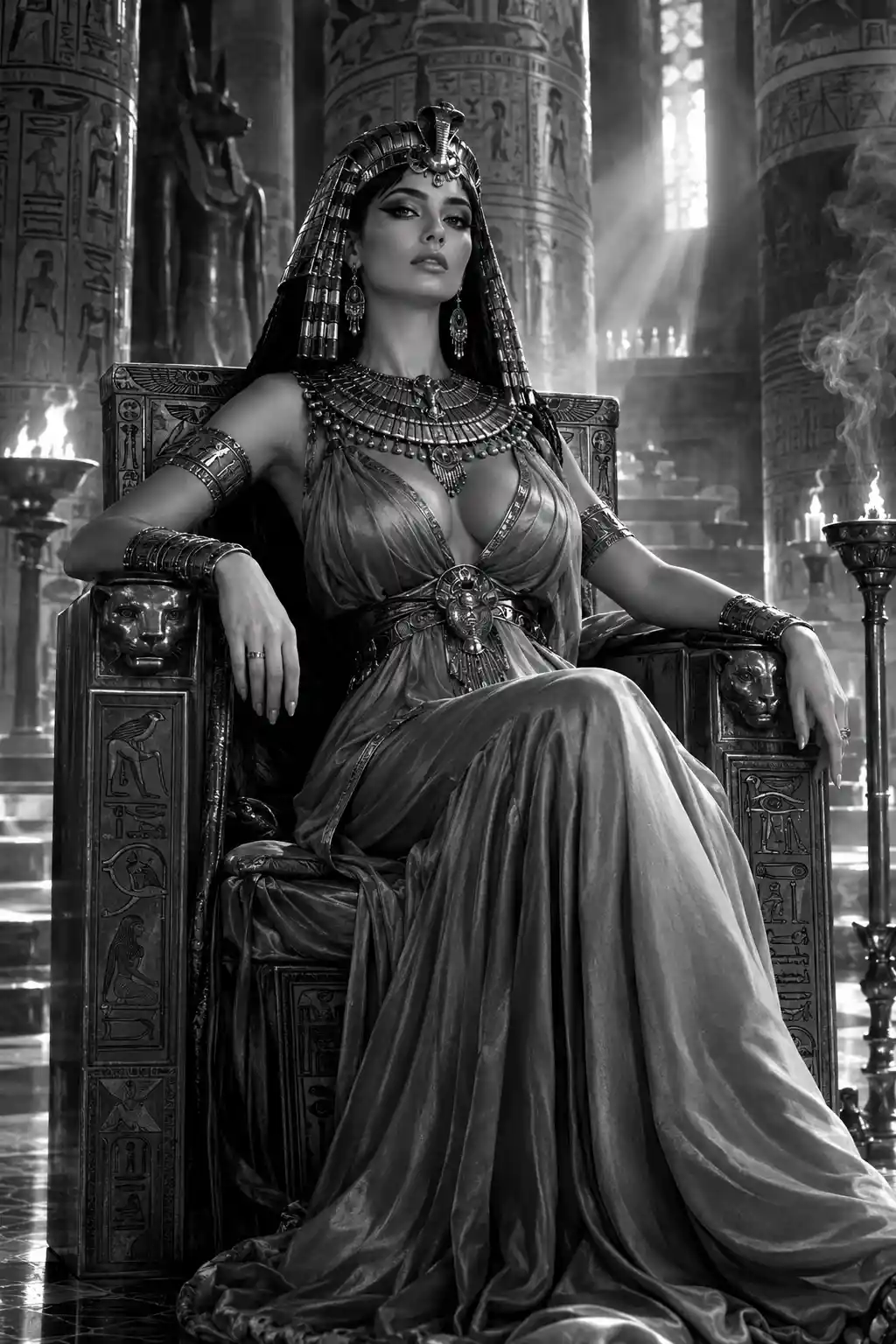 Cleopatra seated in her temple chamber beneath dramatic window light